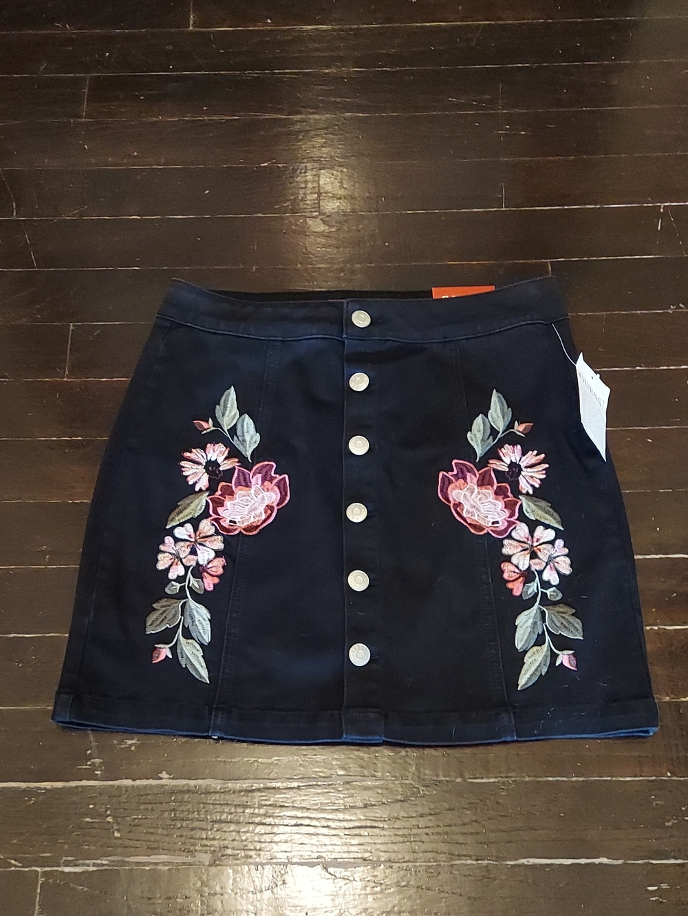 Guess Black Mini Skirt with Pink Floral Embroidery